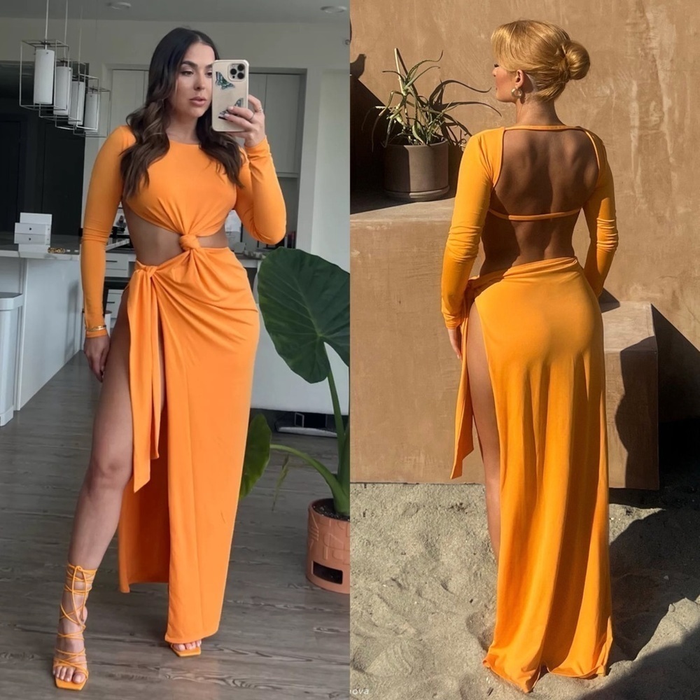 NWT MESHKI Long Sleeve Cutout Open Back Side Waist Tie Slinky Knot Maxi Dress XS
